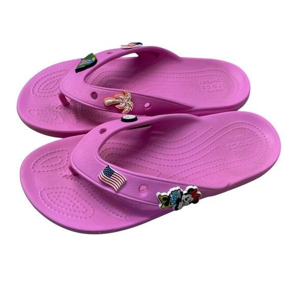 CROCS Unisex W9 M7 Iconic Crocs Classic Flip Flop Sandals Pink Jibbitz Minnie - Picture 2 of 8